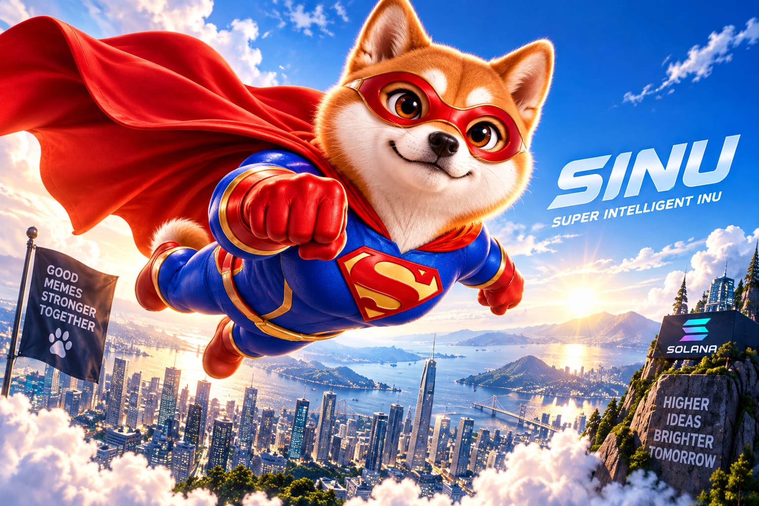Super Intelligence Inu flying over the city in a red cape