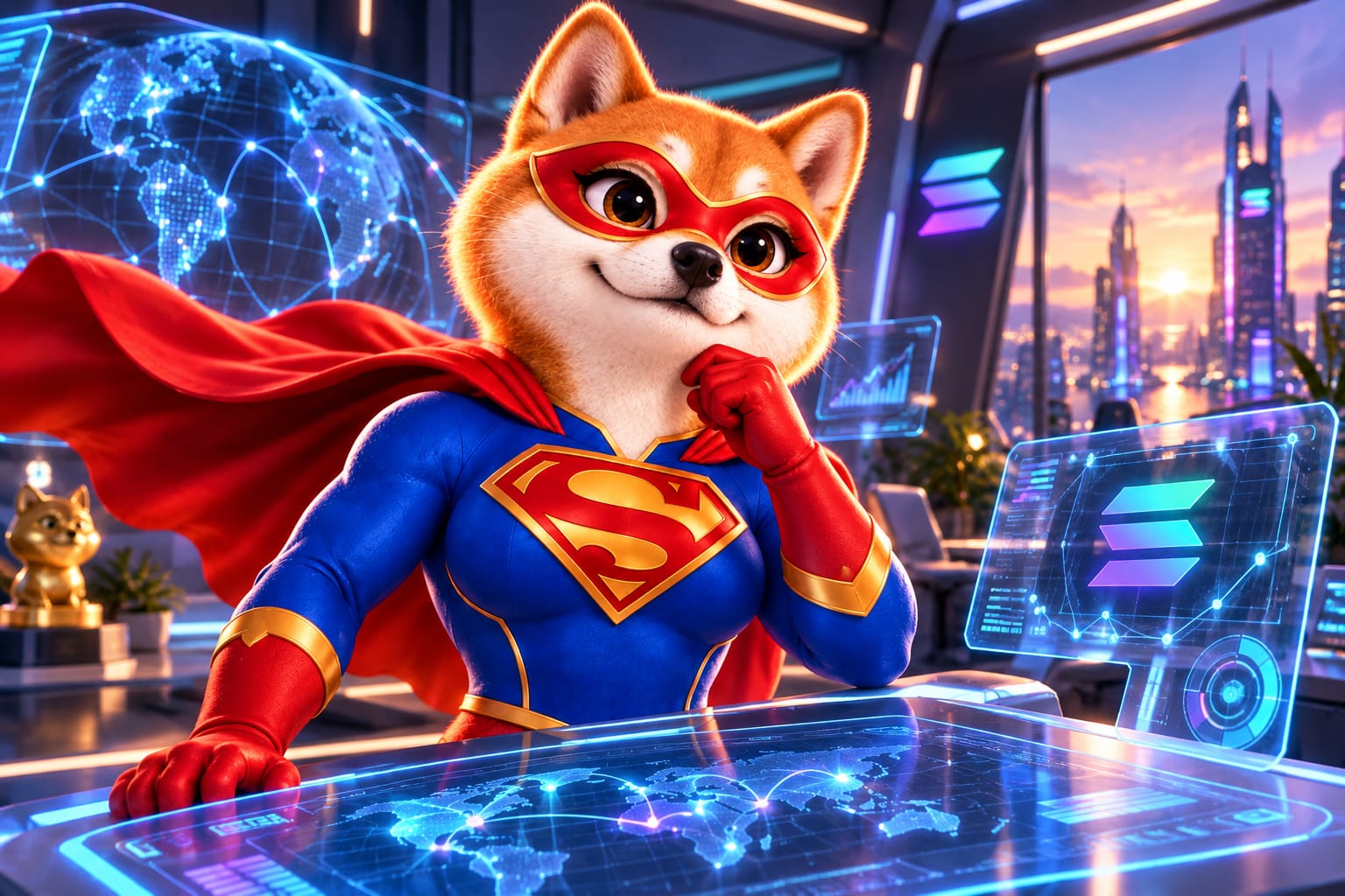 Super Intelligence Inu thinking at a holographic command desk